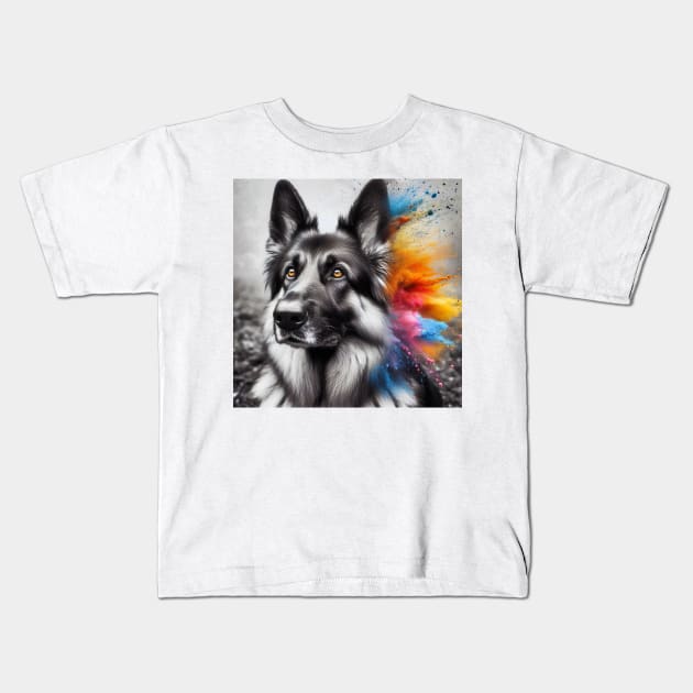 Colorful Gaze: German Shepherd Charm, Cute German Shepherd Kids T-Shirt by Unboxed Mind of J.A.Y LLC 